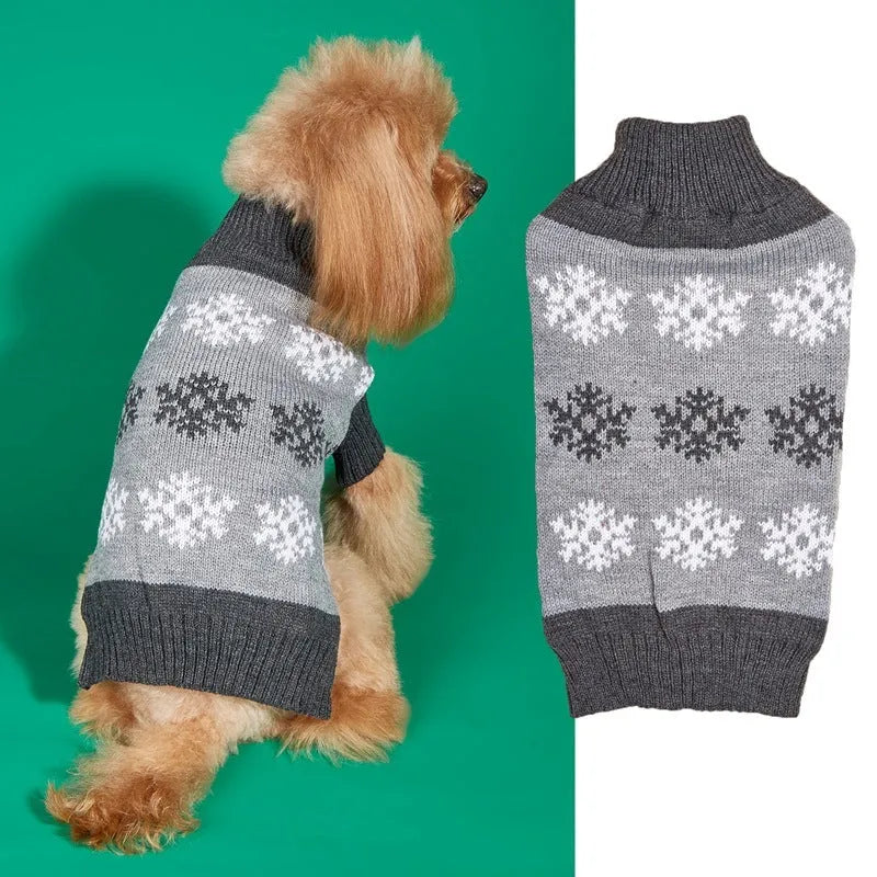 Gray and dark brown dog Christmas sweater with snowflake pattern for winter wear