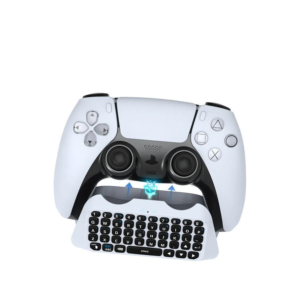 White PS4 Bluetooth chat keyboard attached to a controller, compact ABS design with USB charging cable