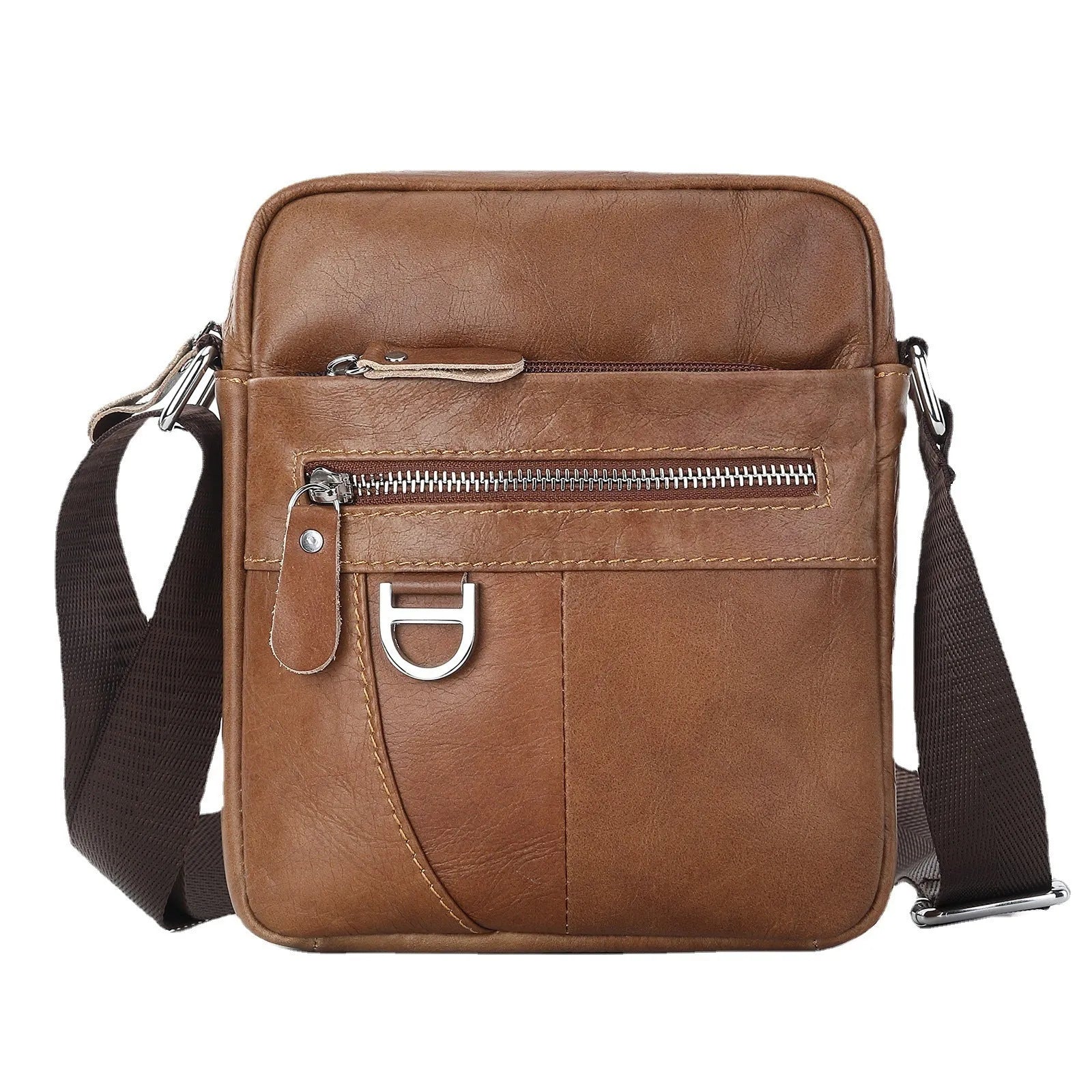 Black leather messenger bag with crossbody strap and visible sewing lines