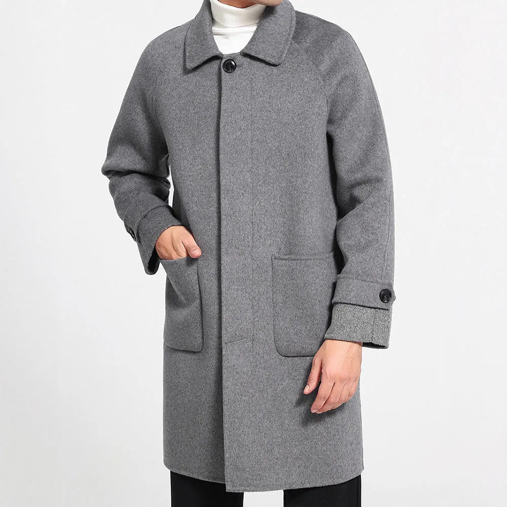 Men's reversible wool coat in black, single-breasted mid-length baggy fit with wool lining