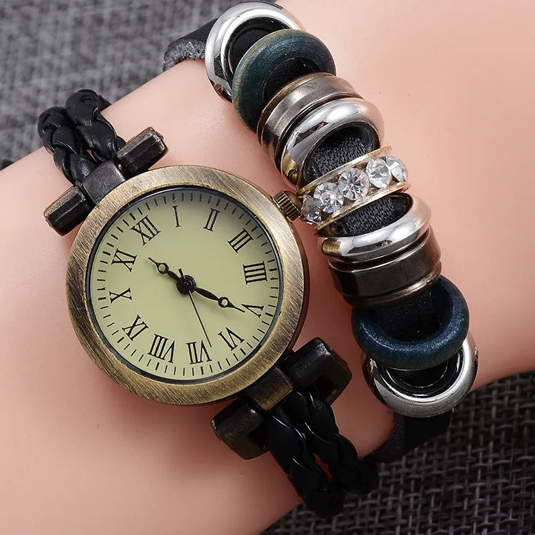 Women's vintage cowhide leather twist bracelet watch with antique style, 9.7mm thickness, coffee and black options