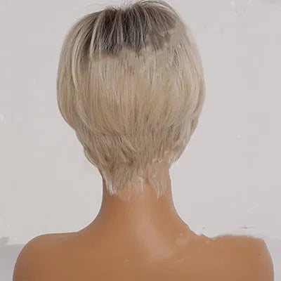 Short straight ombre blonde synthetic wig with bangs, 8 inch brown gradient gold, matte high temperature fibre, Rosenet cap