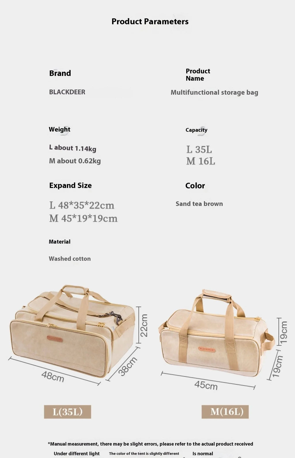 Oxford cloth camp kitchen storage bag showing 16L and 35L capacity options for outdoor cooking equipment