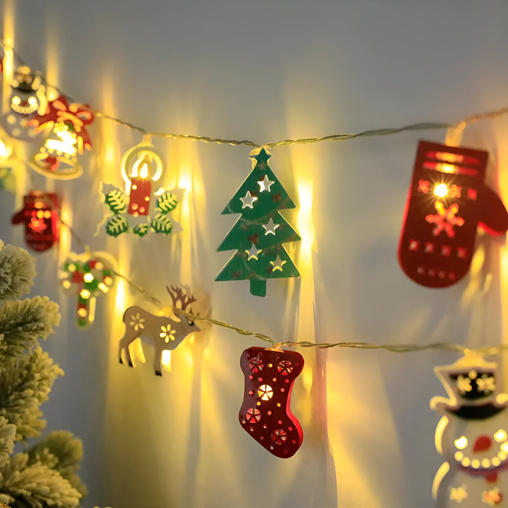Christmas LED light string with Santa Claus, elk, and snowman PVC ornaments