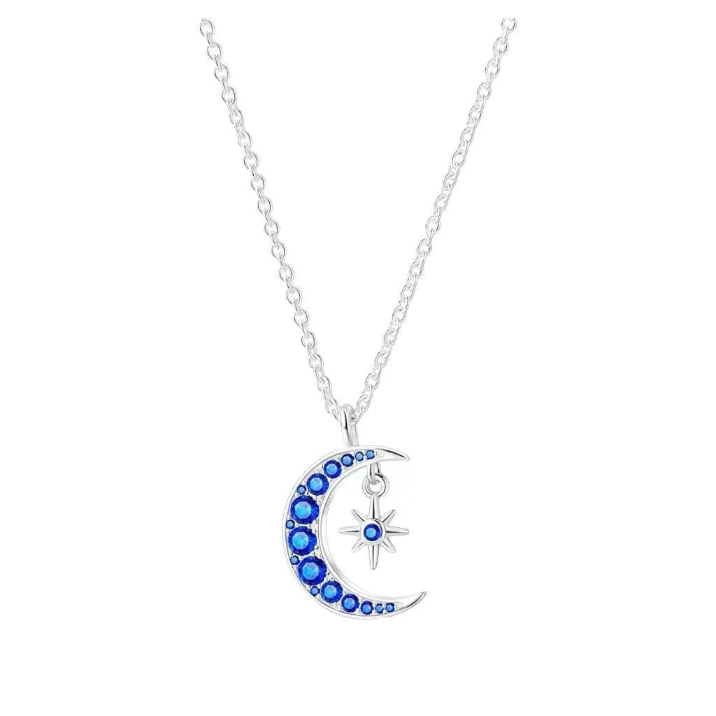 Blue moon pendant necklace with copper geometric pendant, white gold colour finish, and adjustable O-ring chain