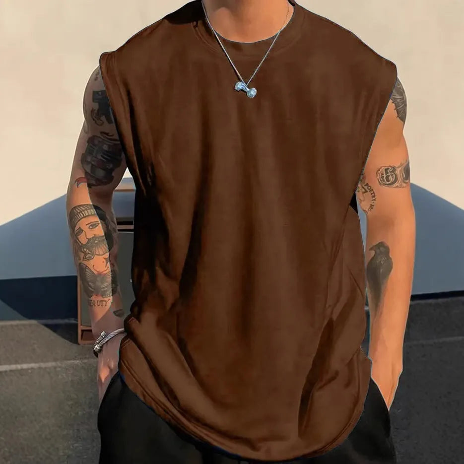 Men's loose solid colour cotton sleeveless tank top on a hanger, showing straight hem design.