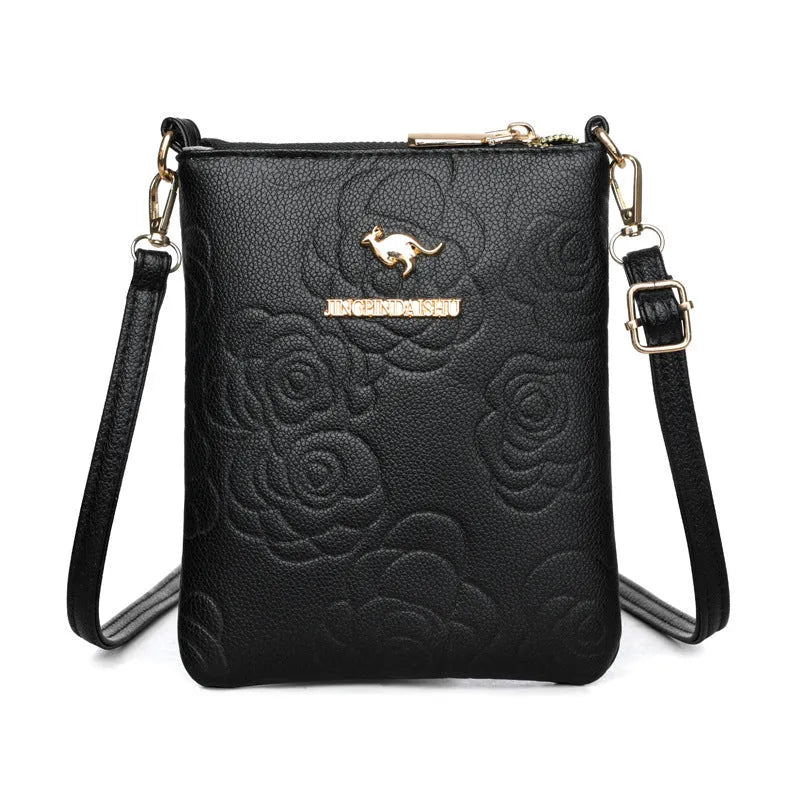 Soft black stone pattern PU women's messenger bag with a file compartment and shoulder strap.