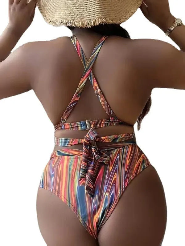 Women's plus size high waist floral bikini swimsuit with split leg design