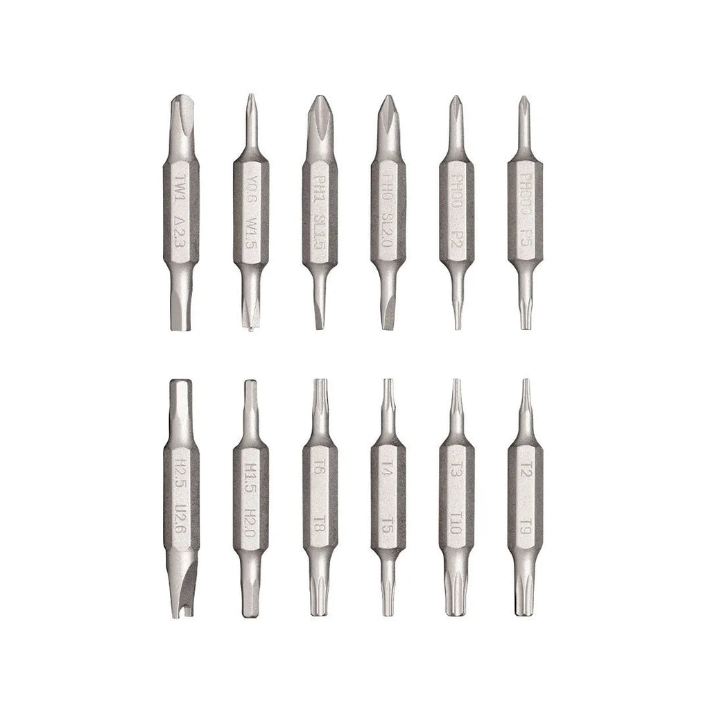 24-in-1 repair screwdriver set with magnetic bit storage in aluminium handle, shown in green, grey, or red.