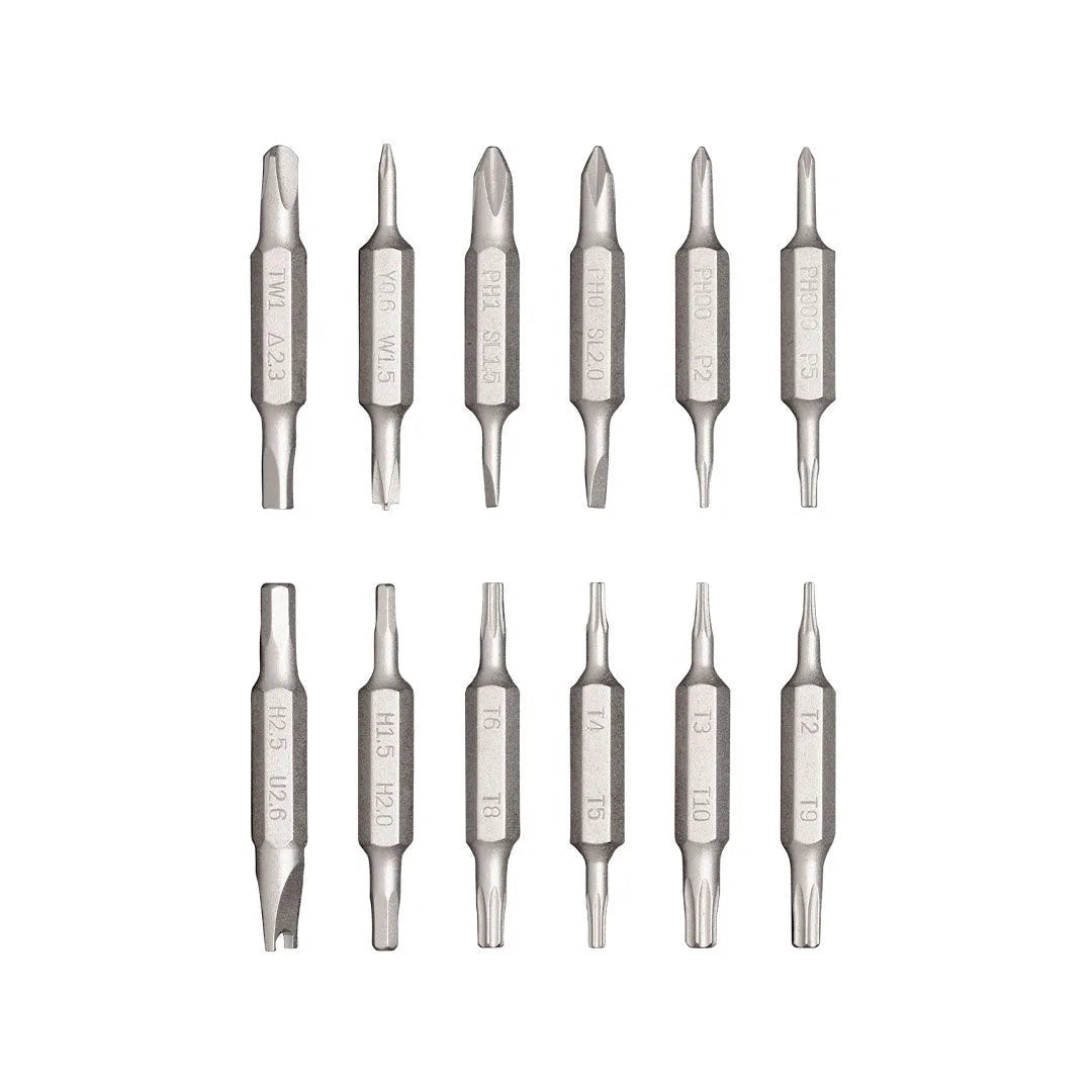 24-in-1 repair screwdriver set with magnetic bit storage in aluminium handle, shown in green, grey, or red.
