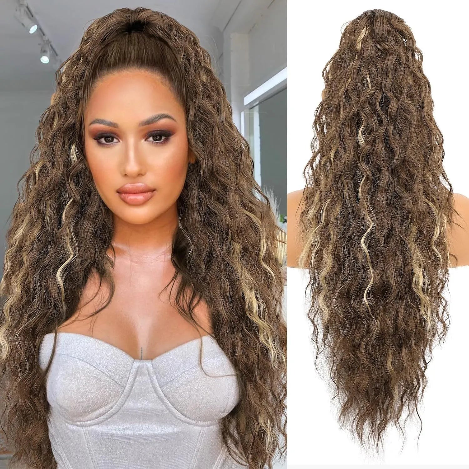 Long curly synthetic ponytail wig in various colours, showing 30-inch length and fluffy texture.