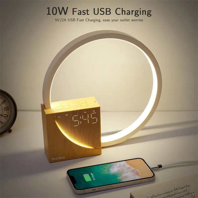 Wooden touch control bedside lamp with alarm clock display and natural sound options