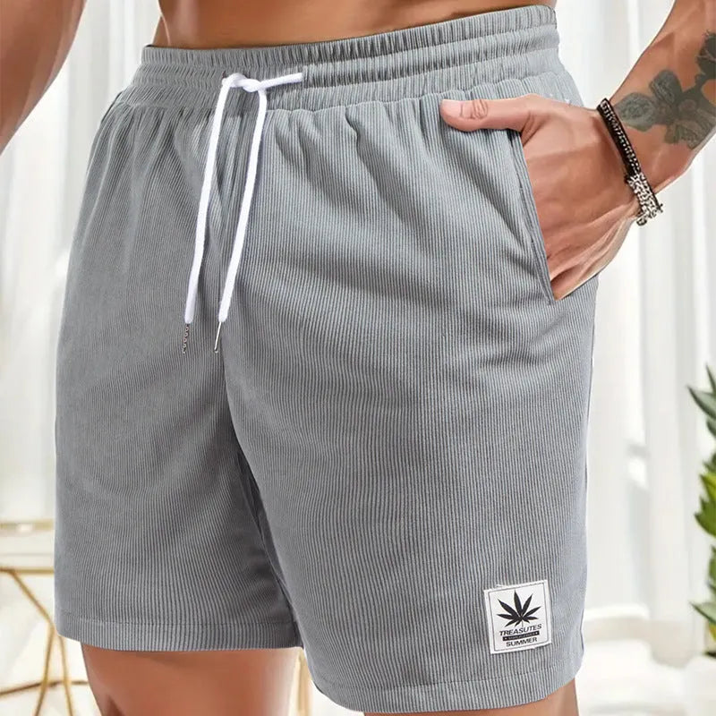 Men's straight-leg drawstring waist shorts in black, blue, khaki, and grey colours