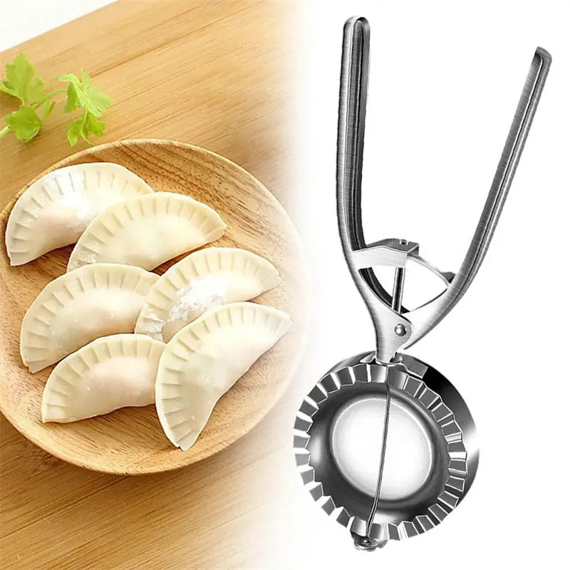 Silver stainless steel dumpling mould with handle for manual kitchen use