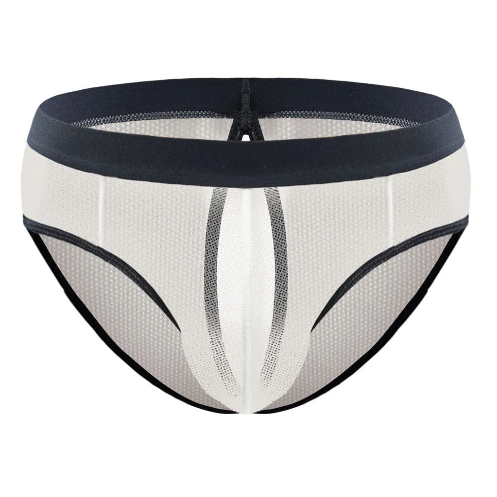 Men's mesh back triangle shorts in black or skin colour, nylon free size with elastic waist stretching 35cm to 55cm