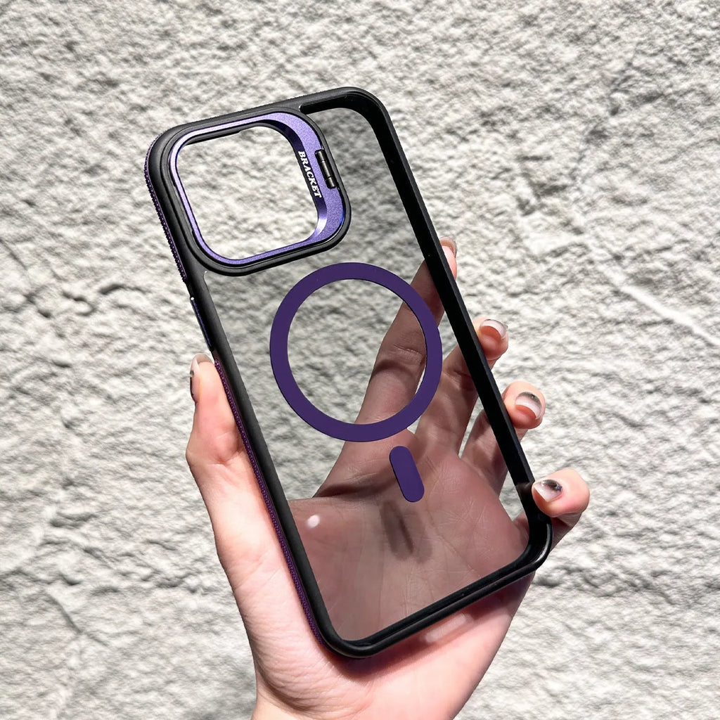 Non-slip transparent magnetic bracket phone case for iPhone showing hidden stand and anti-fingerprint finish