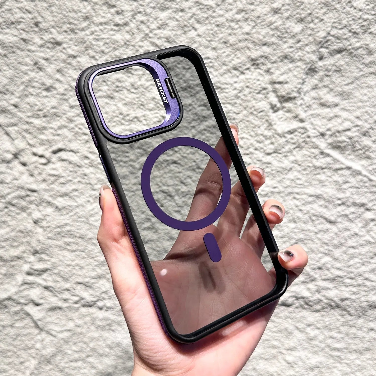 Non-slip transparent magnetic bracket phone case for iPhone showing hidden stand and anti-fingerprint finish