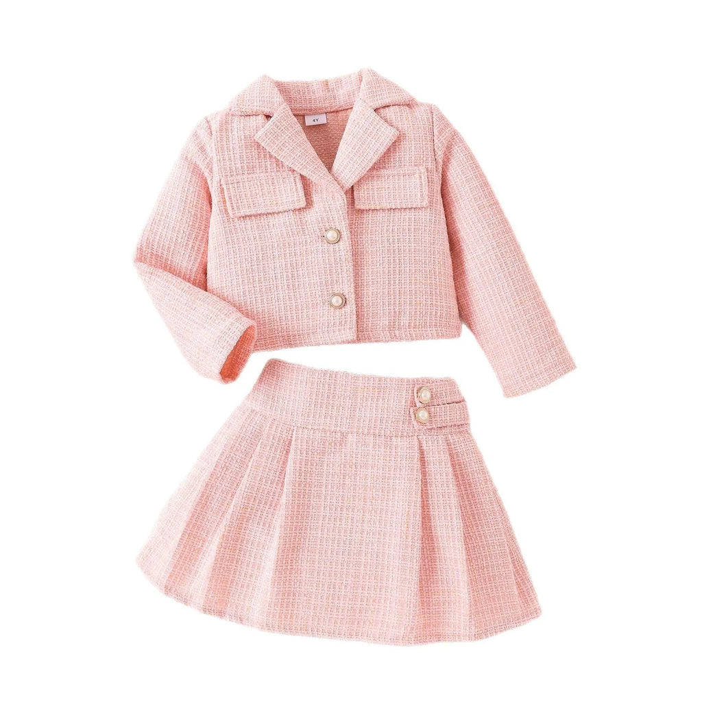 Girls' pink cotton long-sleeved coat and mid-waist skirt two-piece set, sizes 4Y-7Y