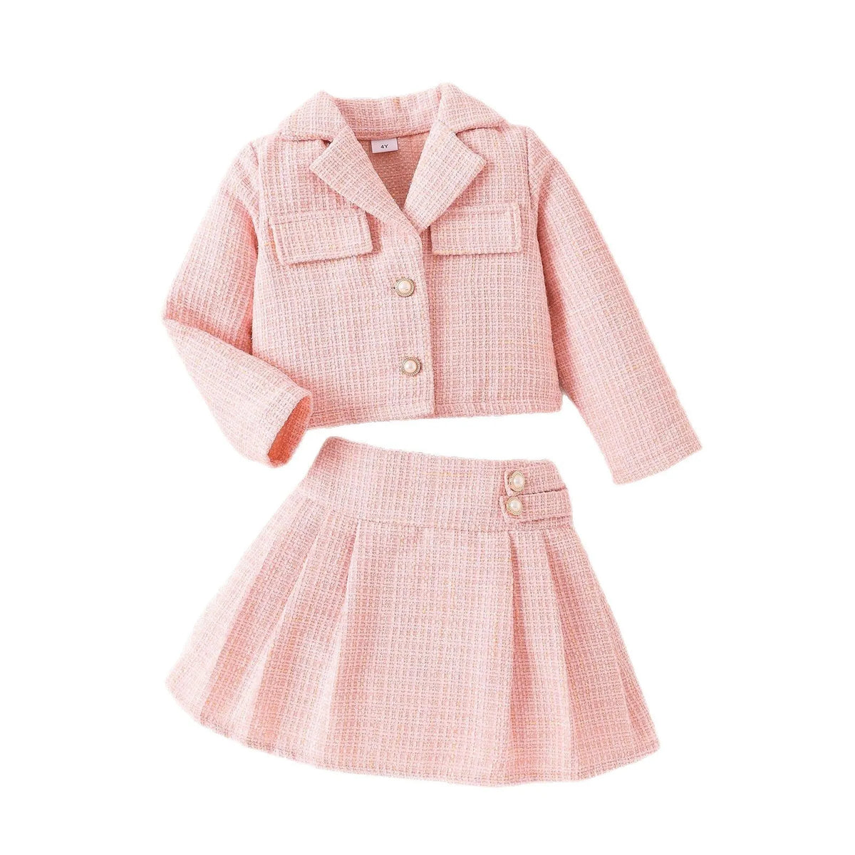 Girls' pink cotton long-sleeved coat and mid-waist skirt two-piece set, sizes 4Y-7Y