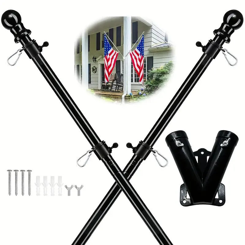 Wall mounted stainless steel sectional flagpole in black finish on a brick wall