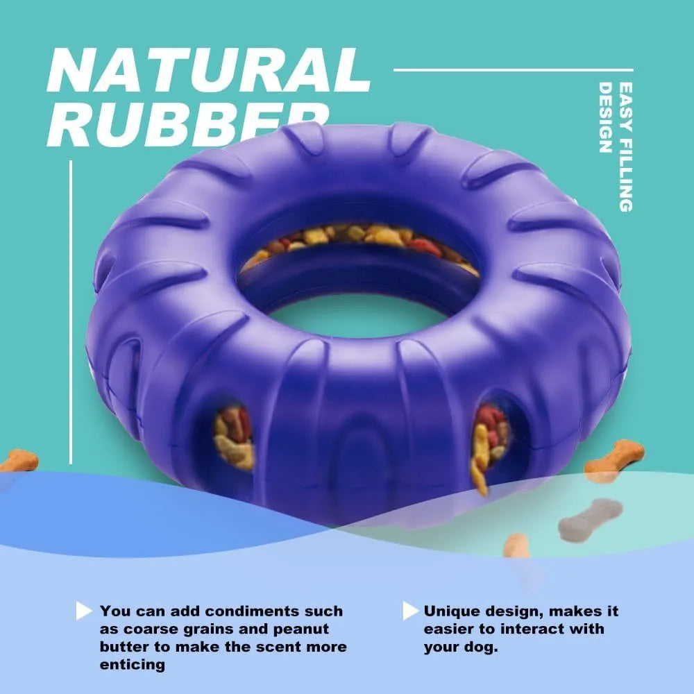 Blue, green, and red beef-flavoured tyre-shaped dog chew toy made from natural rubber.