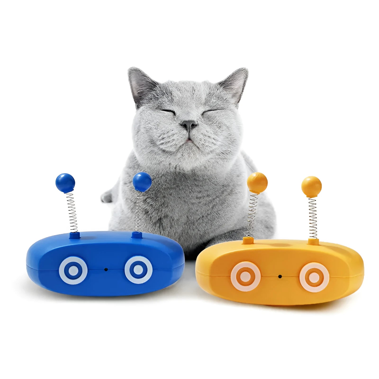 Blue rechargeable robot cat toy with laser pointer and feather attachments on grey floor