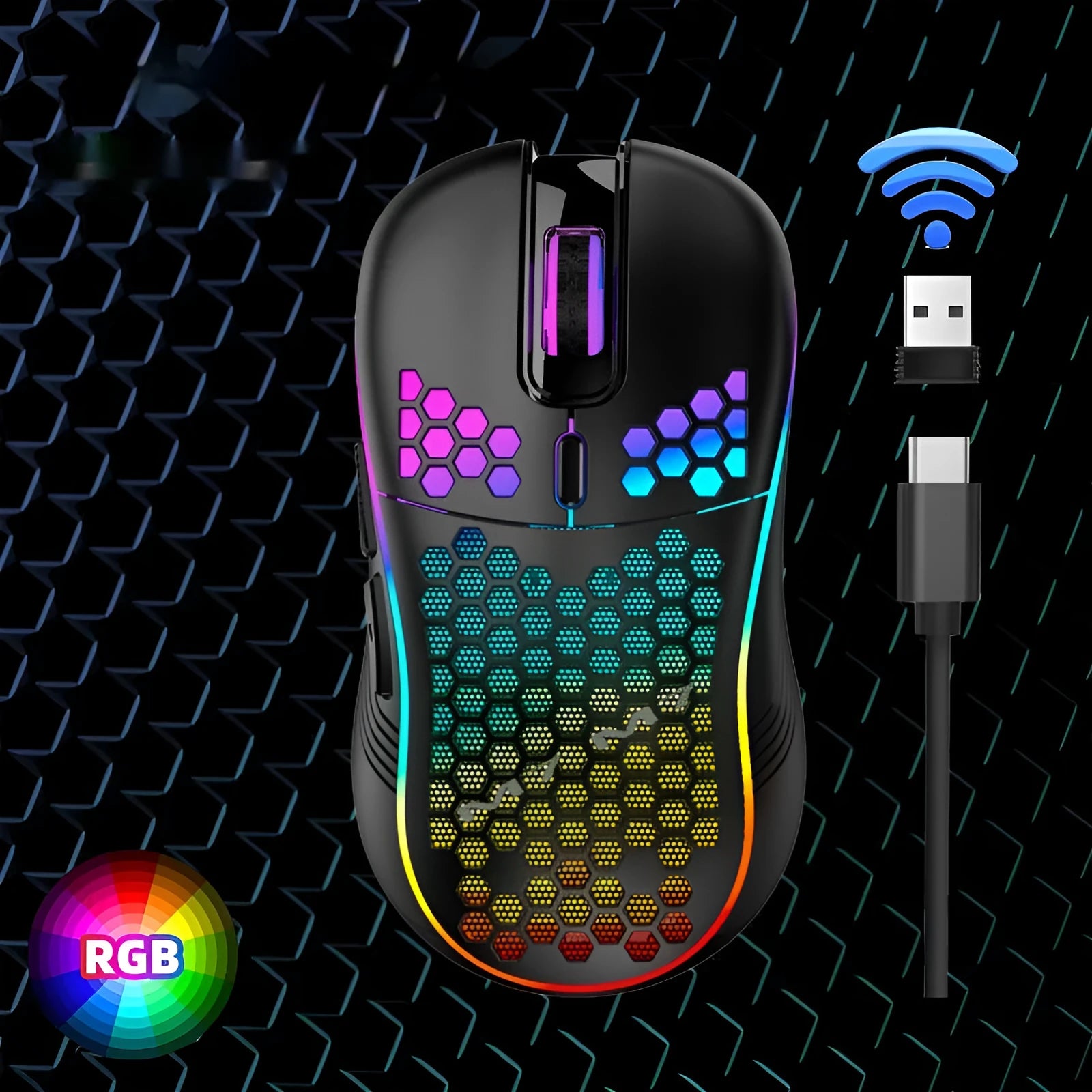 Hole hollow-out luminous wireless gaming mouse in black, with self-charging and 2.4G USB connection
