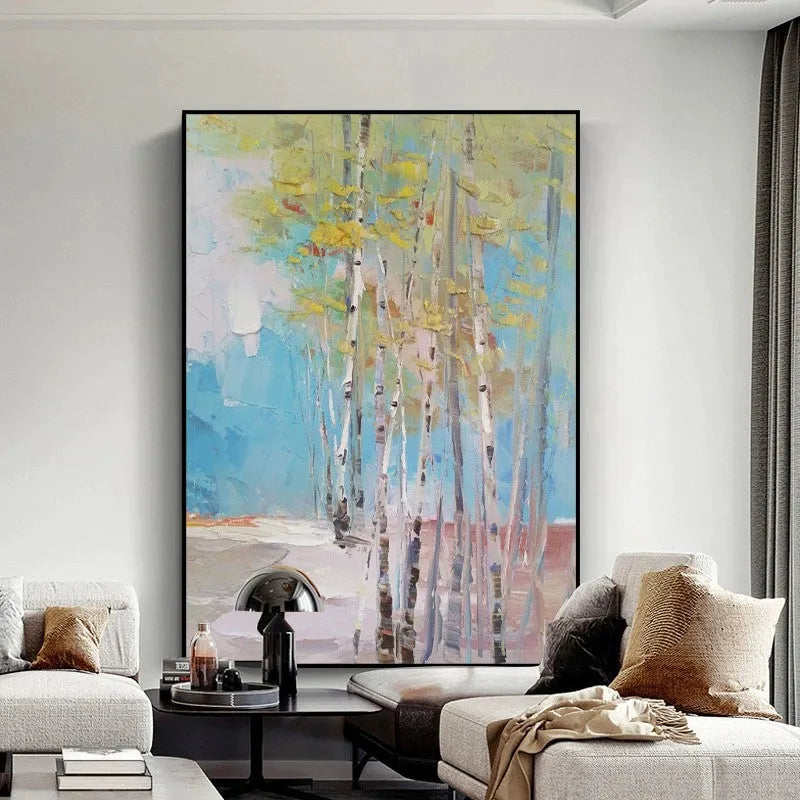 Handmade oil painting of a birch forest landscape on canvas, frameless and unstretched for wall decor