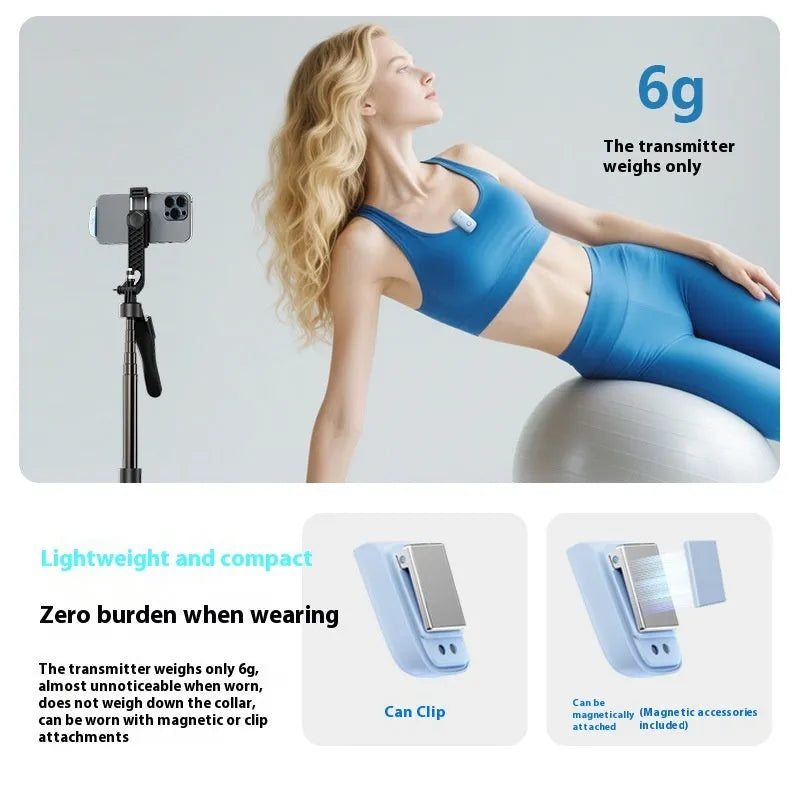 M8 Mini Wireless Collar Clip Microphone in black with magnetic charging case and Type-C connector, showing one-for-two setup