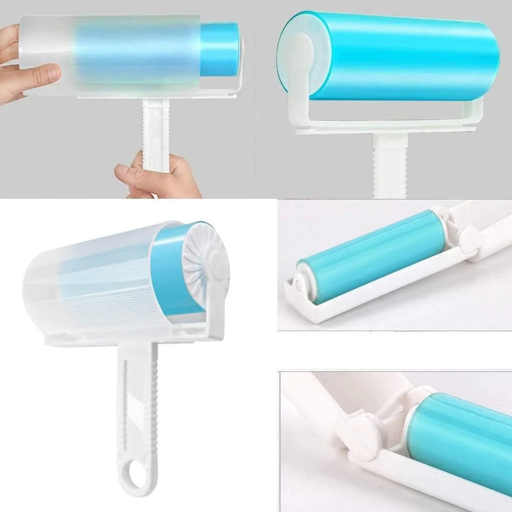 Blue reusable washable lint roller with cover for removing pet hair from clothes.
