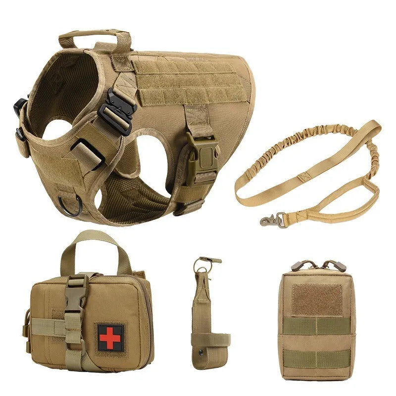 Outdoor tactics five-piece dog harness set in polyester camouflage, available in four colours and sizes S to XL