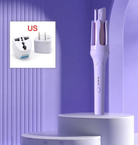 White and pink automatic hair curler with a rotating 32mm ceramic barrel and a power plug.