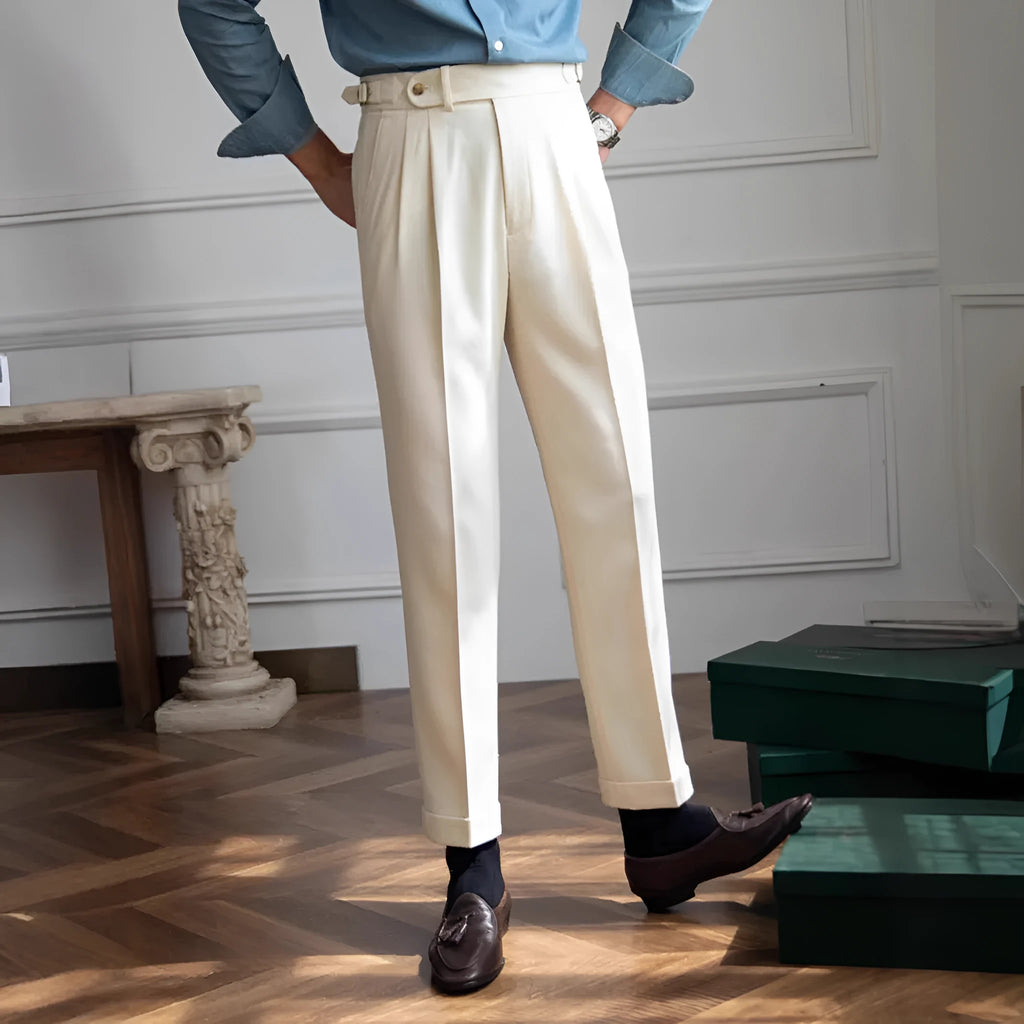 British men business casual straight-leg trousers in black polyester fibre, side view on mannequin
