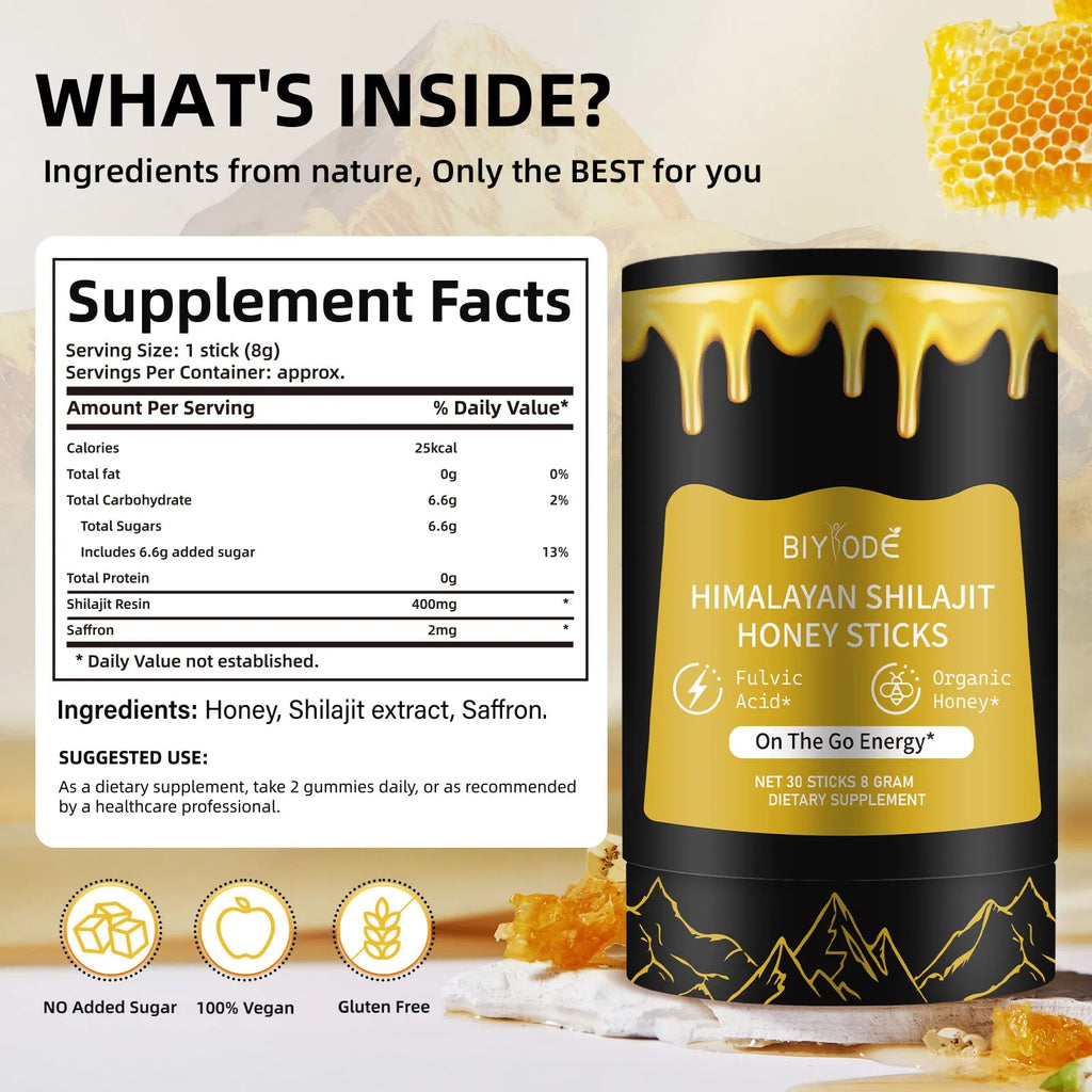 Bottle of 30 shilajit honey sticks with honey, shilajit extract, and saffron for energy support