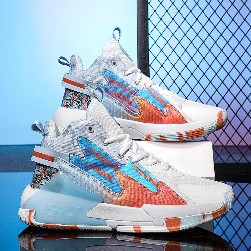 Luminous high-top basketball shoes with graffiti pattern, mesh upper, rubber outsole, front lace-up, sizes 36-45.