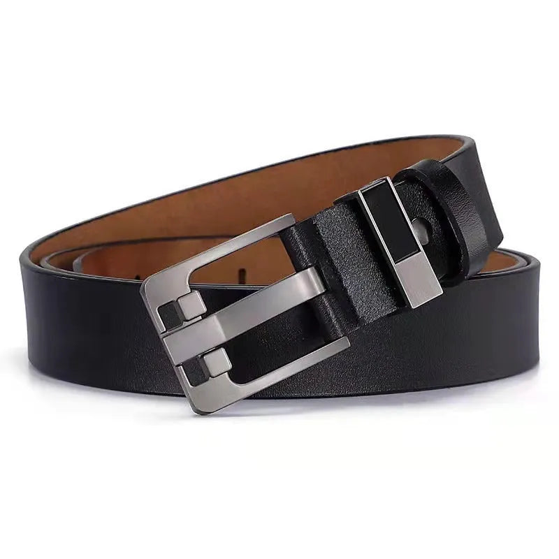 Men's retro belt in genuine cowhide leather with oversized wide alloy needle buckle, colour black