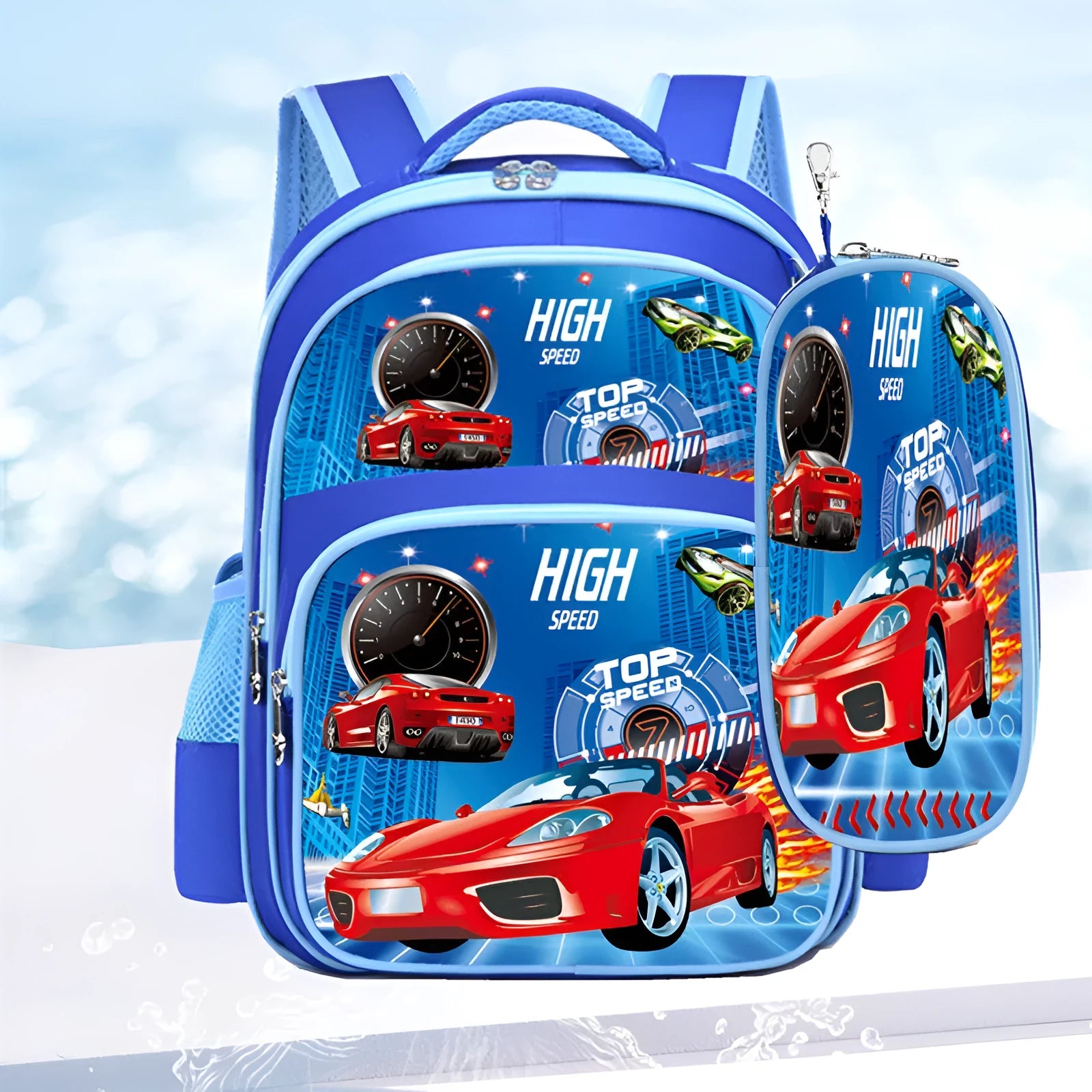 Blue nylon school backpack with cartoon print, shown with a pencil case