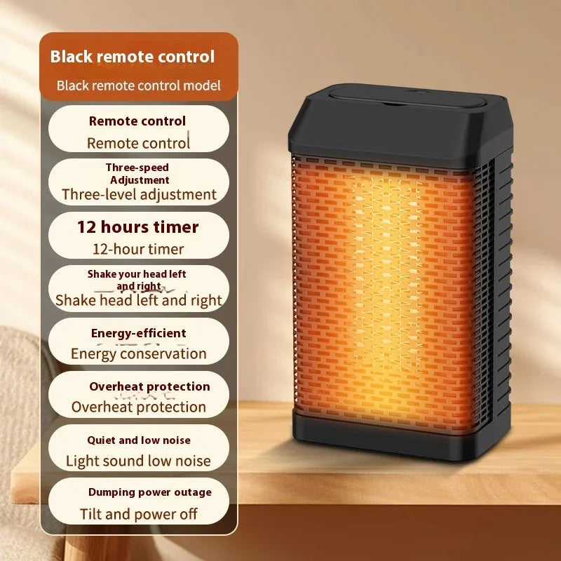 Black desktop electric heater with remote control on a wooden desk