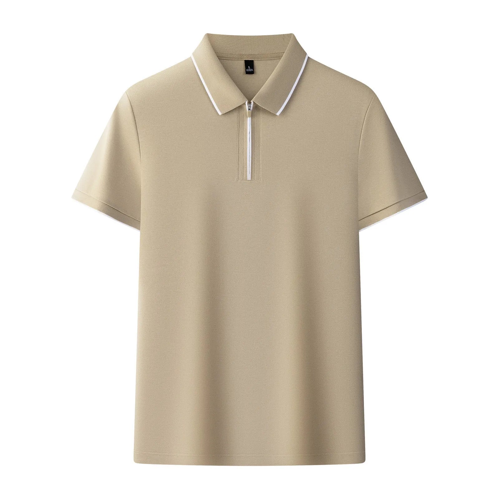 Men's solid colour zip-front polo shirt in long-staple cotton fabric on hanger