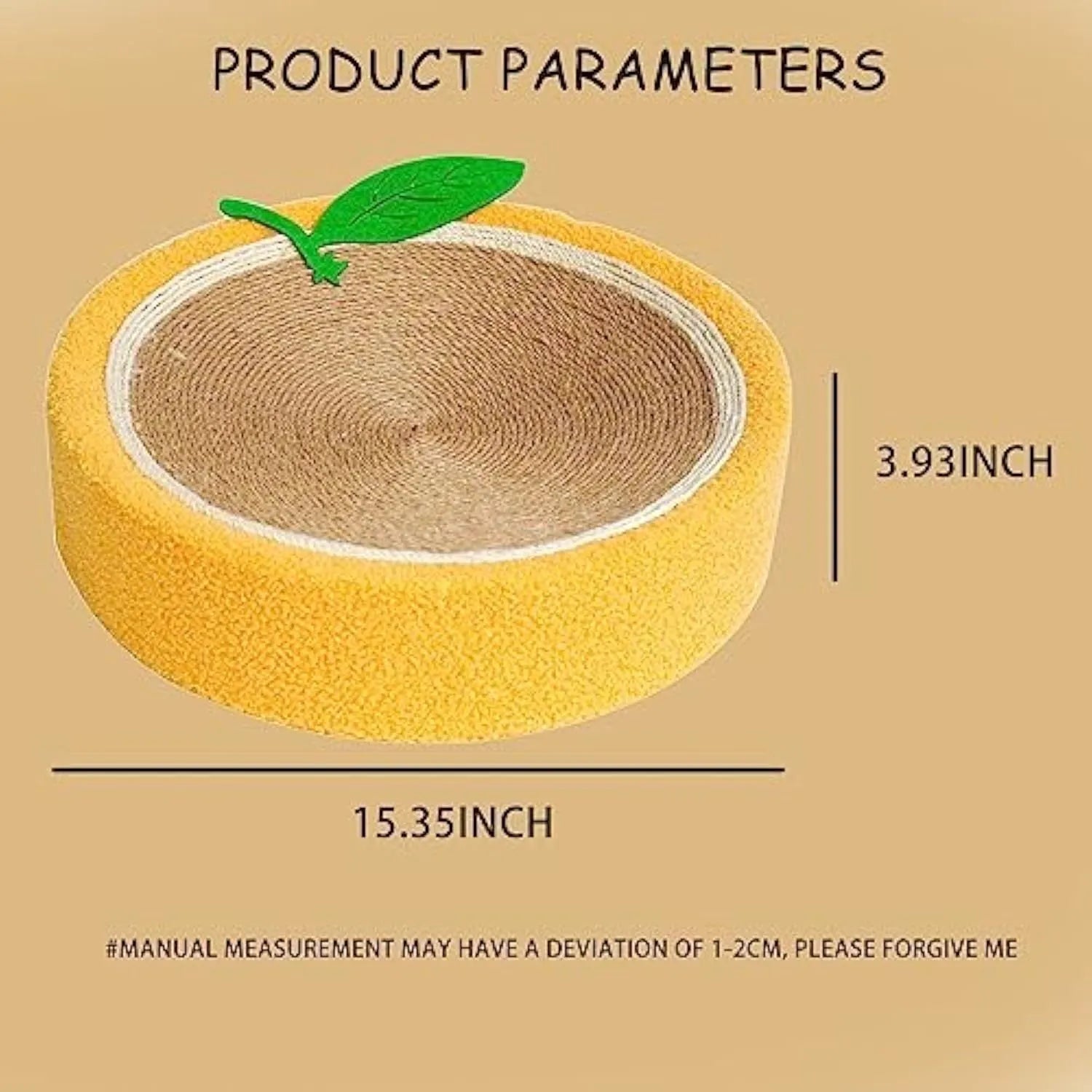A round yellow fruit-themed cat scratching board and bed made from sisal material.
