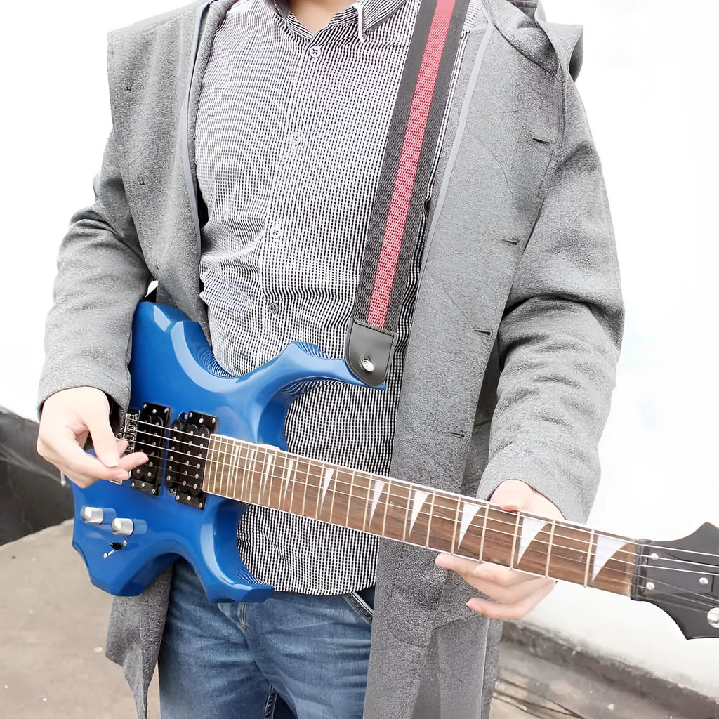 Universal woven crossbody strap for guitar, bass, or ukulele in red, showing clip and adjustable buckle on 110cm length.