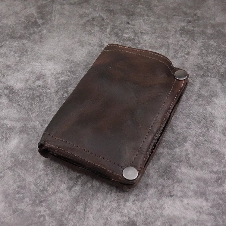 Men's genuine leather retro wallet in vertical square design with multiple card slots and coin pocket