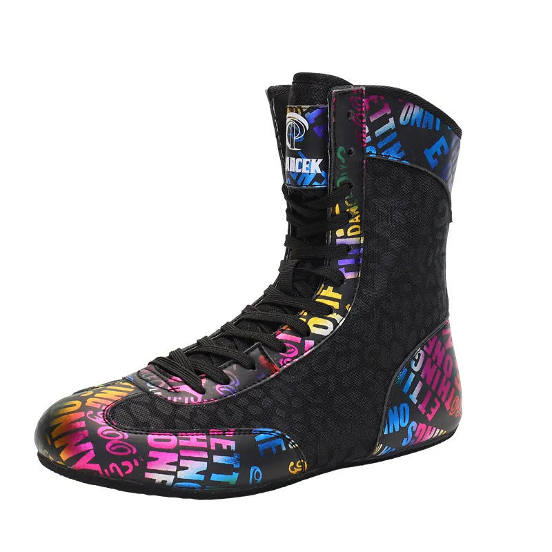 Mixed combat training high-top wrestling shoes in green, with mesh and leather upper and rubber sole.