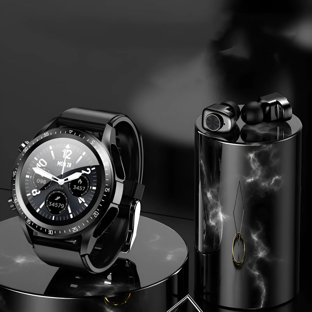 Black multifunctional smart bracelet watch with round plain dial and stainless steel case on light background