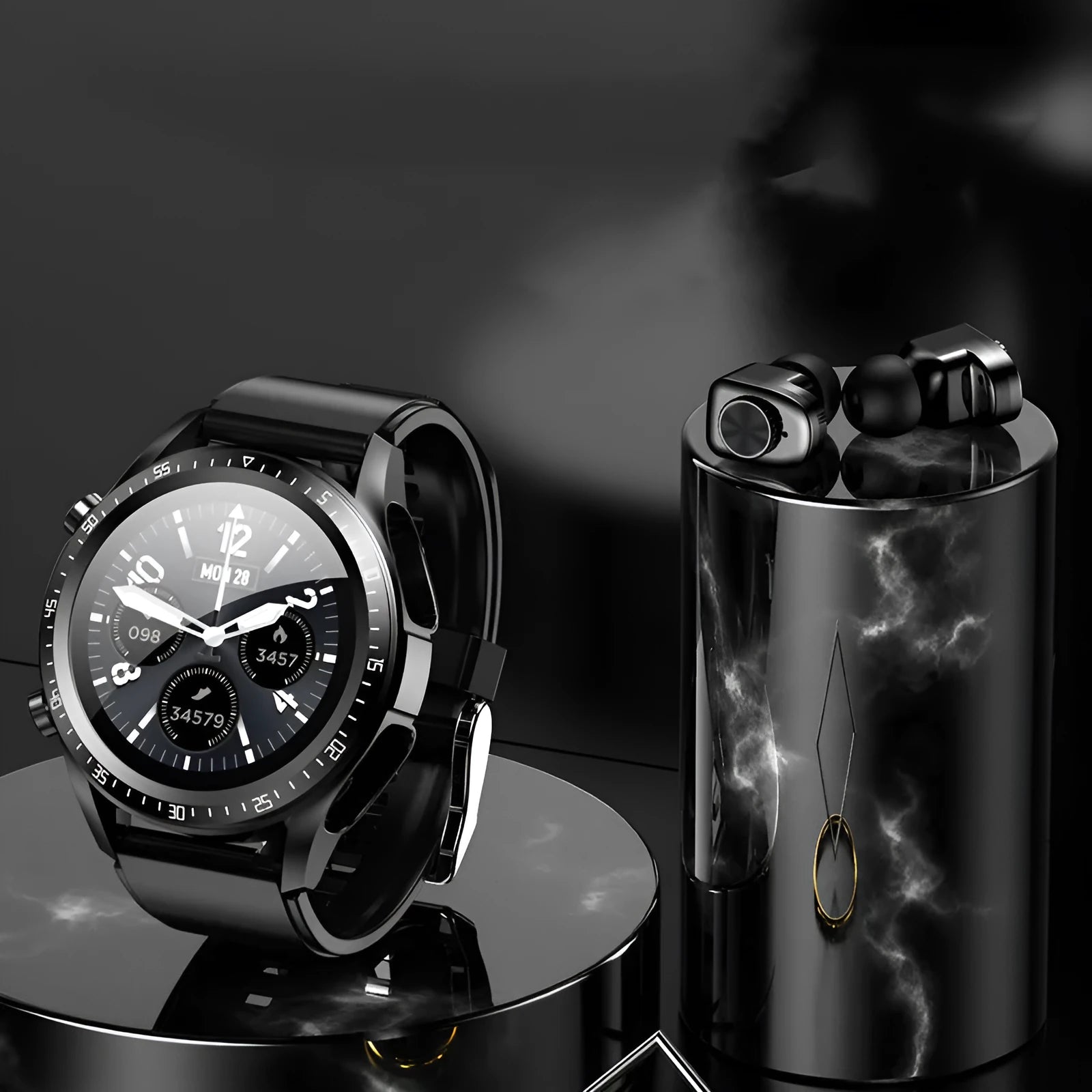 Black multifunctional smart bracelet watch with round plain dial and stainless steel case on light background