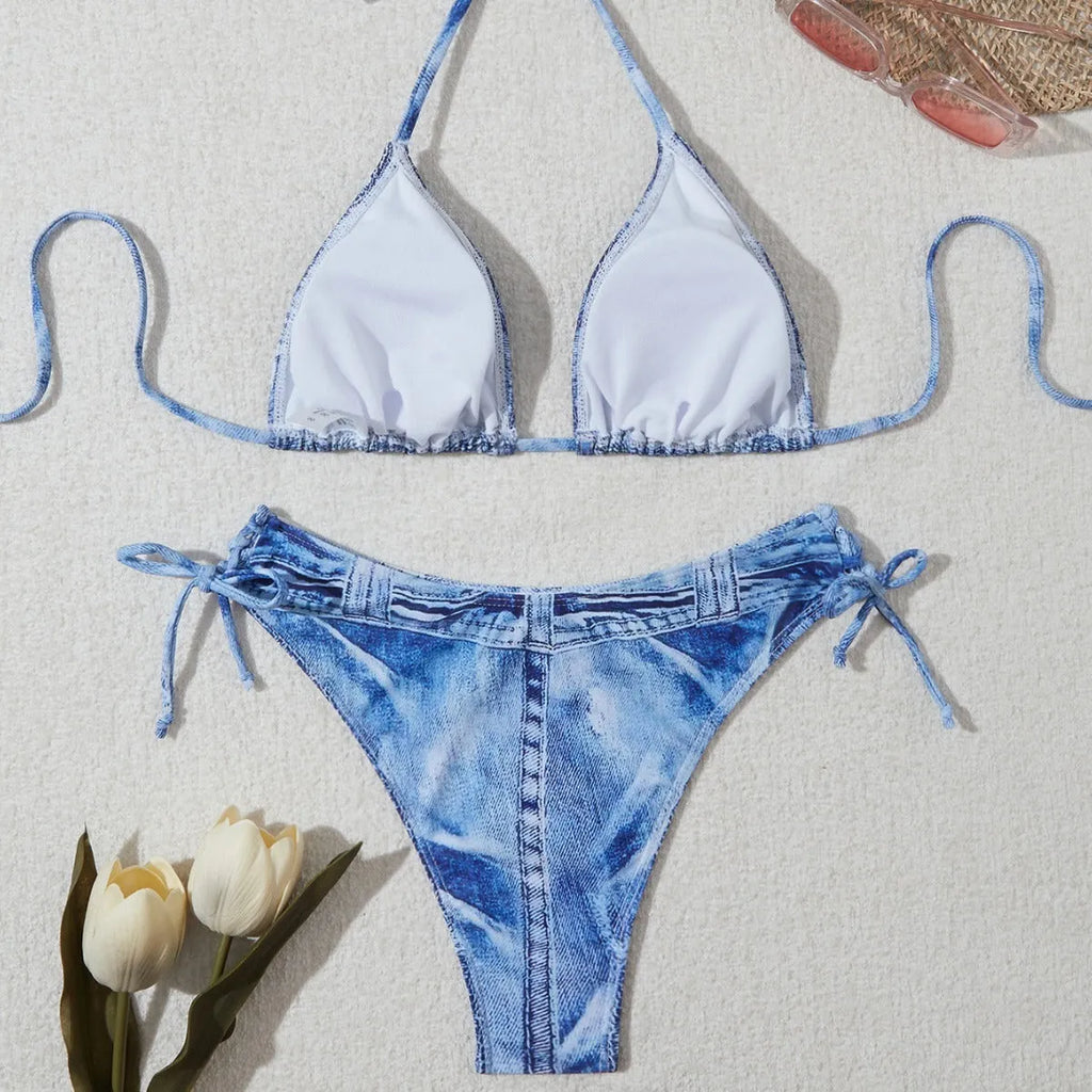 Women's denim blue printed bikini suit with strap detailing