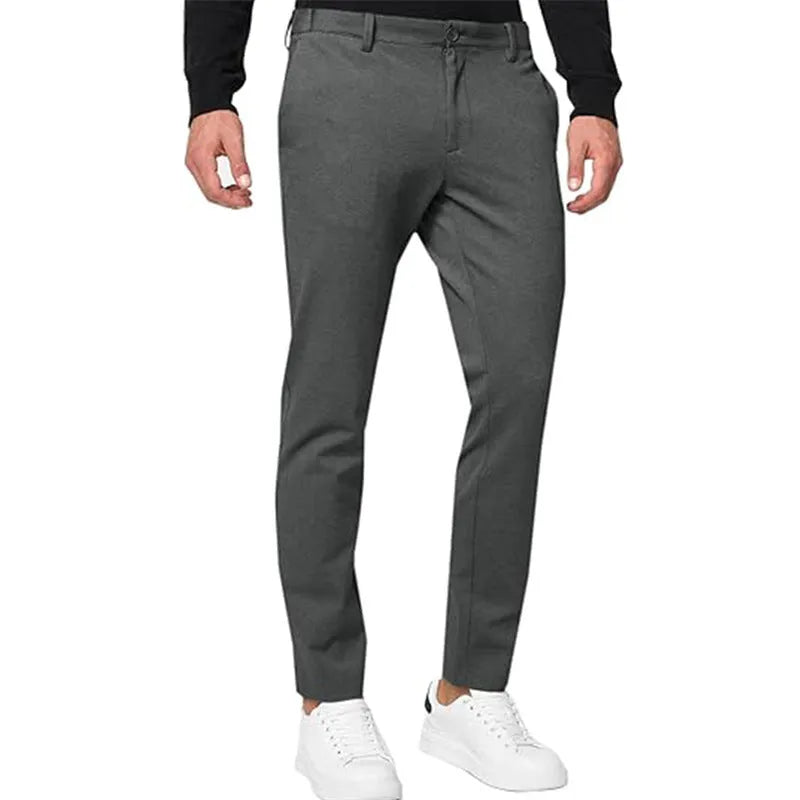 Men's slim-fit tapered chino trousers in a cotton-blend fabric, shown in solid colour options.