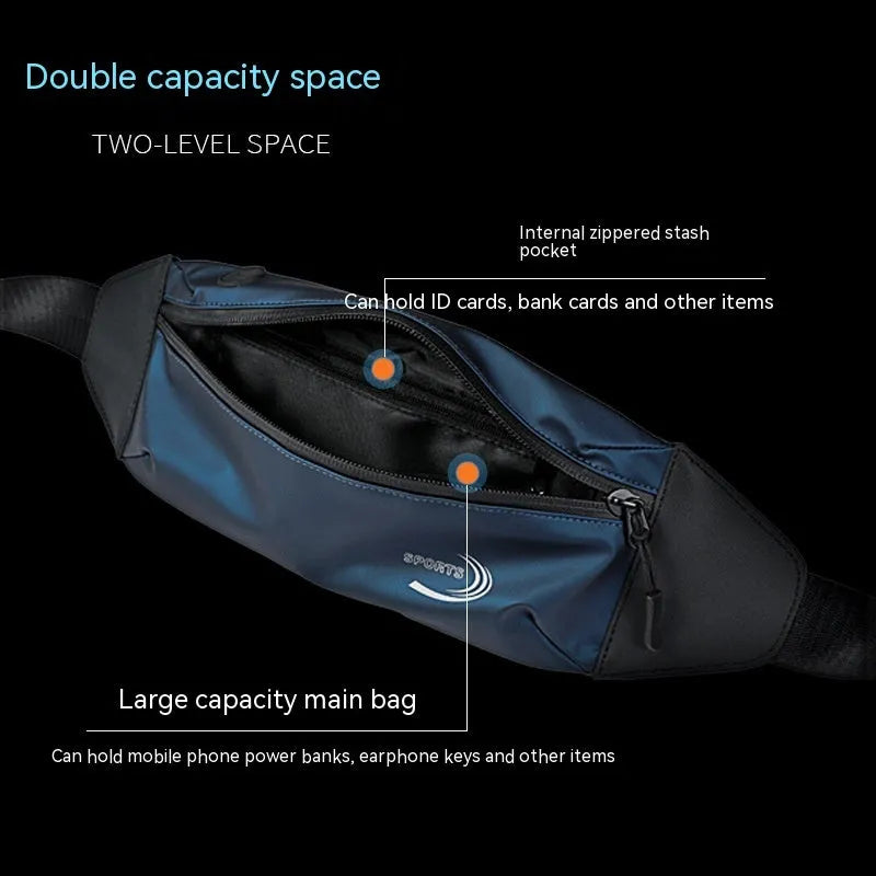 Men's black waterproof Derm Oxford polyester waist bag with belt strap, showing front compartment.