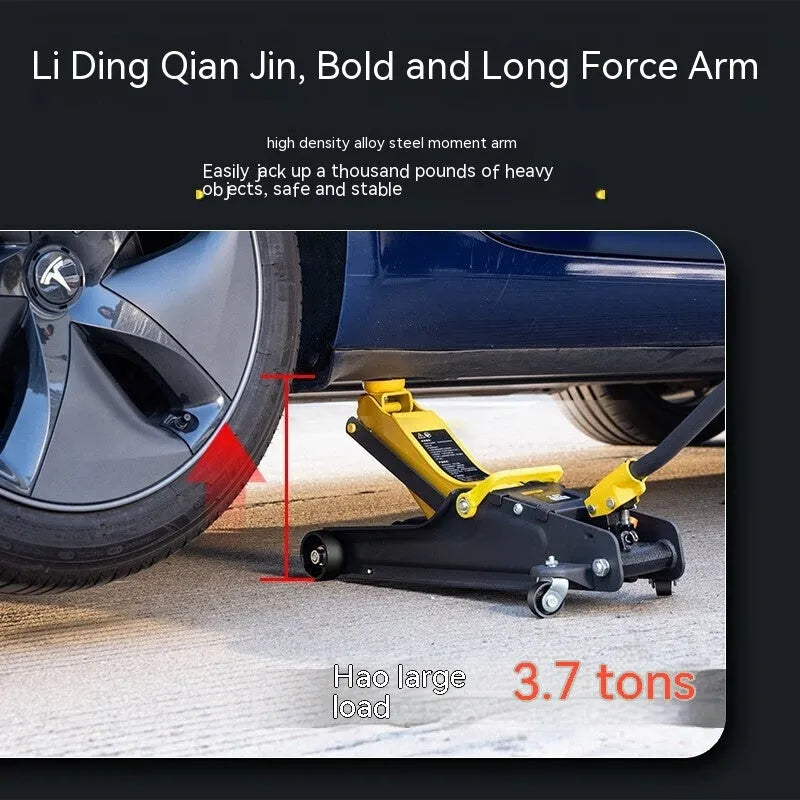 Horizontal hydraulic scissor car jack with handle for tyre changes, low profile design