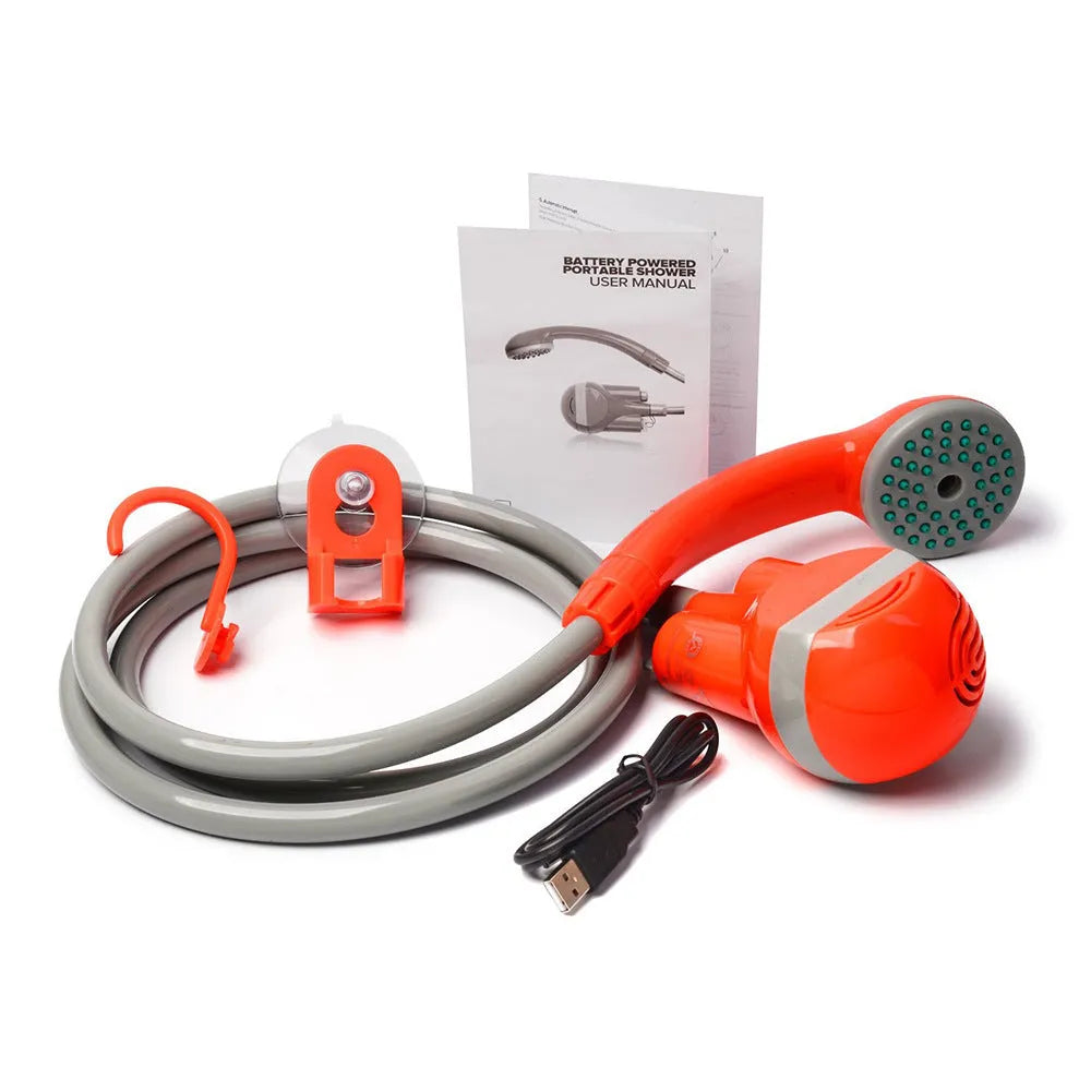 Outdoor electric portable shower in bright orange and yellow with ABS body and 1.8m PVC hose